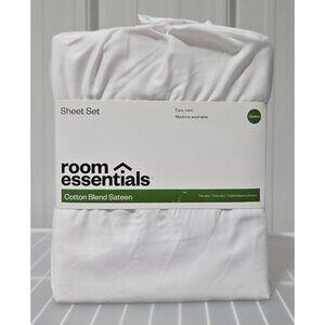 Room Essentials Easy Care Cotton Sateen Queen 4 Pc White Sheet & Pillowcase Set